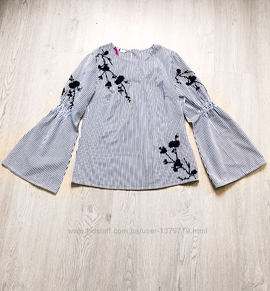 Блуза женская фирменная хлопковая рубашка в полоску белая синяя с цветами