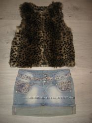 Леопардовый бум -джинсовая юбка, реглан, меховая жилетка