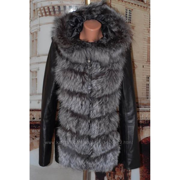 Шикарная зимняя кожаная куртка с мехом чернобурки