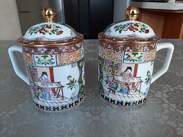 Фарфоровые чашки с крышками Китай ручной росписи 