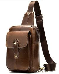 Компактная мужская сумка через плечо на грудь кожаная коричневая стильная