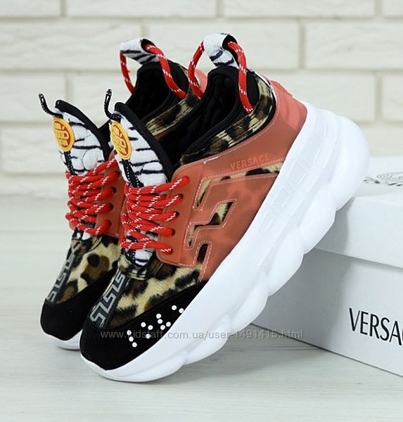 Женские кроссовки Versace Chain Reaction Sneakers. Red Leopard. Версаче